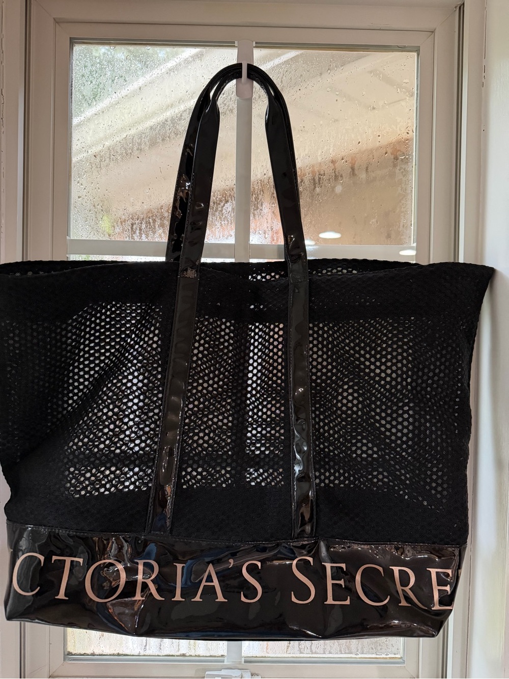Victoria's Secret Black Mesh Beach Tote with Glossy Trim